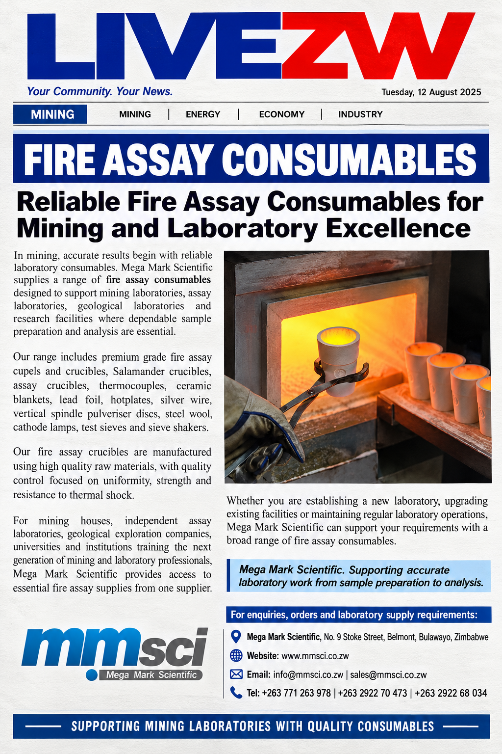 livezw fire assay advert for mega mark scientific